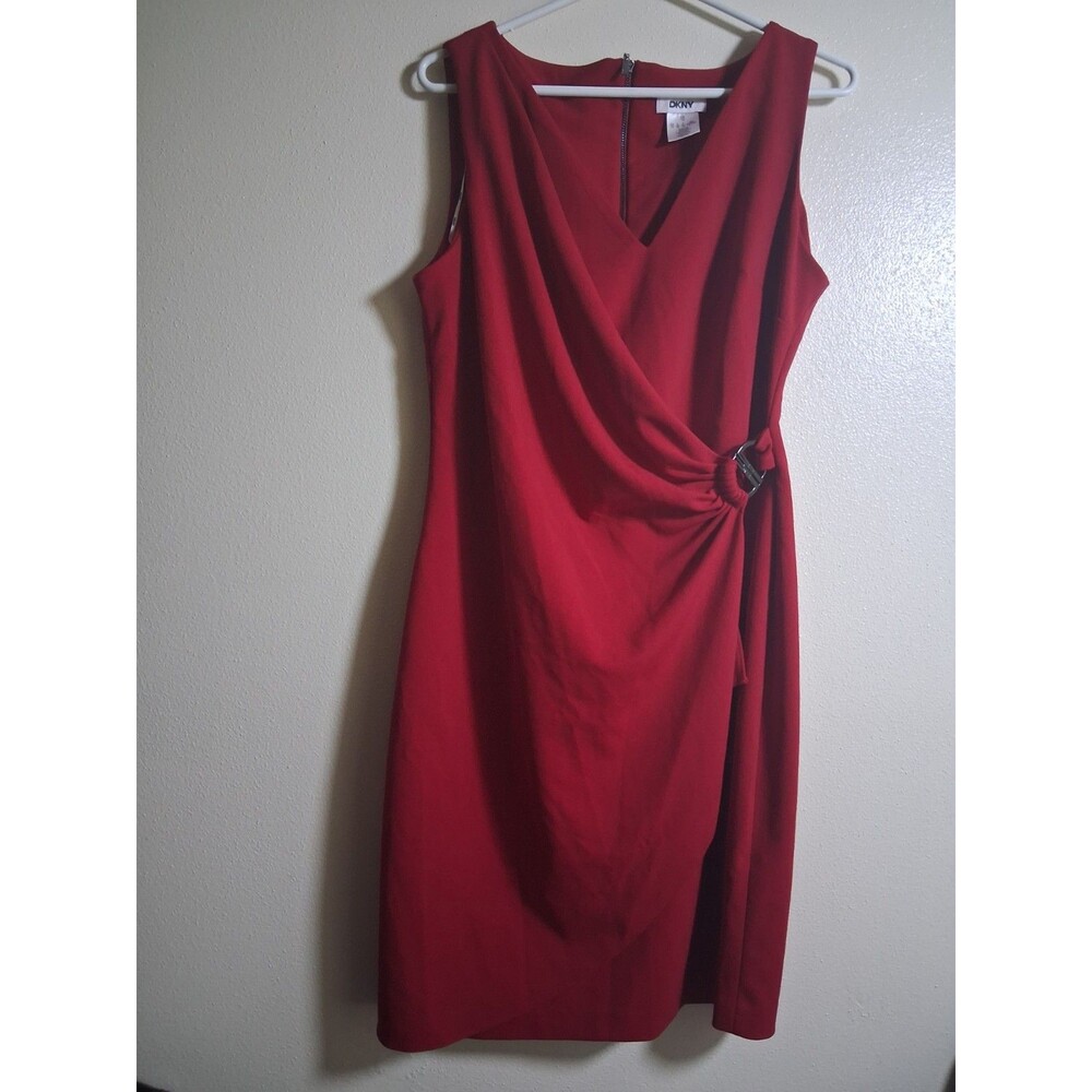 DKNY Women’s Red Sleeveless Faux Wrap Sheath Dress V-Neck D-Ring Hardware...